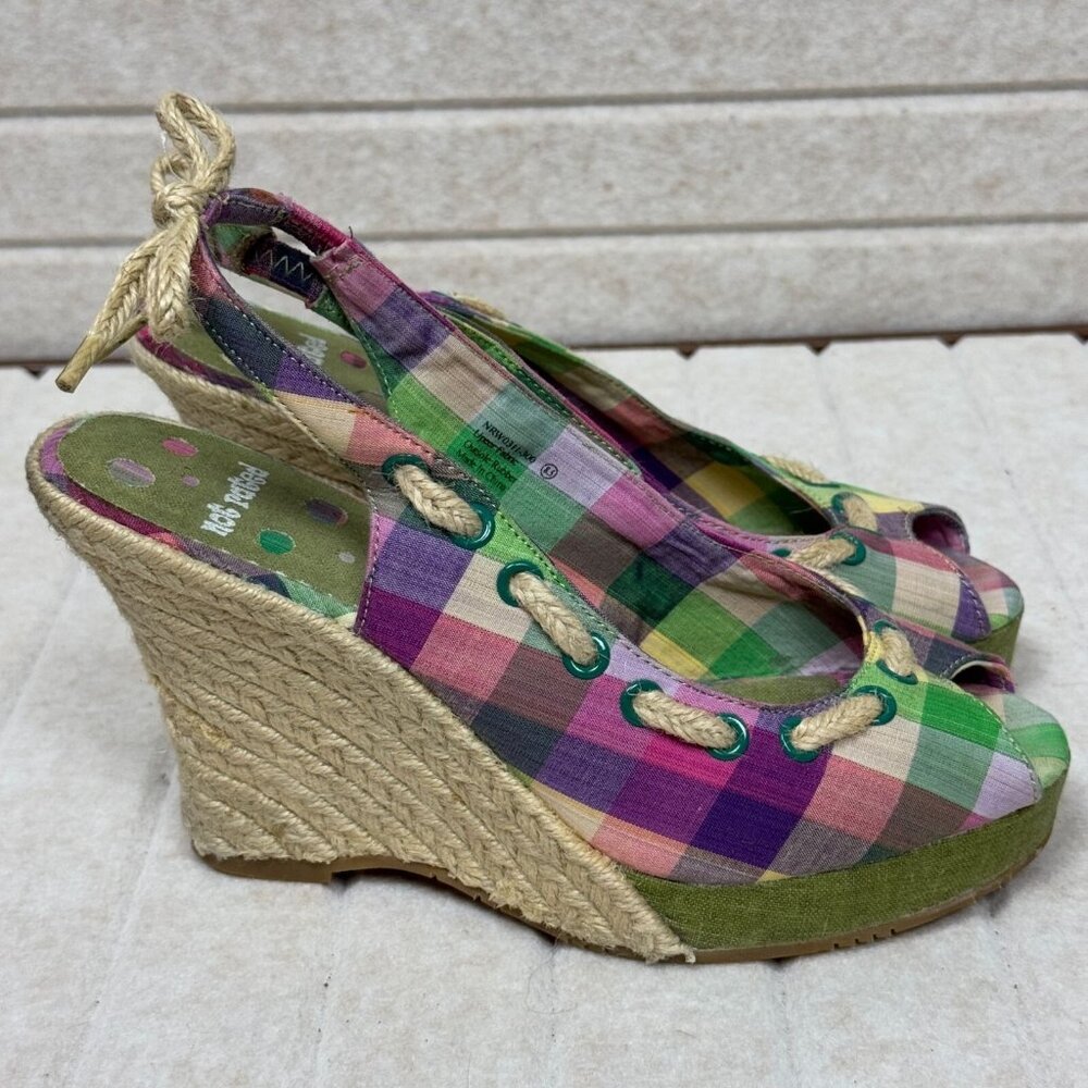 Not Rated Plaid Espadrille Wedge Sandals Peep Toe Slingback Women 8.5 - Picture 3 of 11